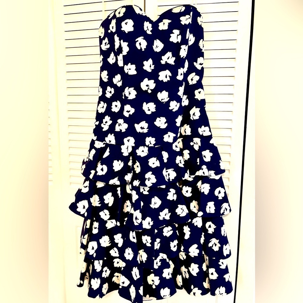 Vintage 80s 90s Dress Strapless Ruffled Cocktail Patty O’Neil Navy White Floral - Picture 4 of 8